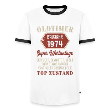 48. Geburtstag Mann Frau Geburtstageschenk 1974 - Männer Kontrast-T-Shirt - Weiß/Schwarz - Vorne - AI Model Female 172 light (172cm) & AI Model Male 178 dark (178cm)