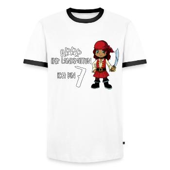 Geburtstagsshirt Pirat - 7 Geburtstag Mädchen - Männer Kontrast-T-Shirt - Weiß/Schwarz - Vorne - AI Model Female 172 light (172cm) & AI Model Male 178 dark (178cm)