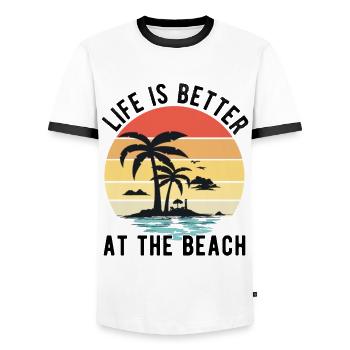 Life is Better At the Beach - Retro Sunset - Men's Ringer Shirt - white/black - Front - AI Model Female 172 light (172cm) & AI Model Male 178 dark (178cm)