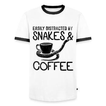Files d’attente et café - T-shirt contrasté Homme - blanc/noir - Devant - AI Model Female 172 light (172cm) & AI Model Male 178 dark (178cm)