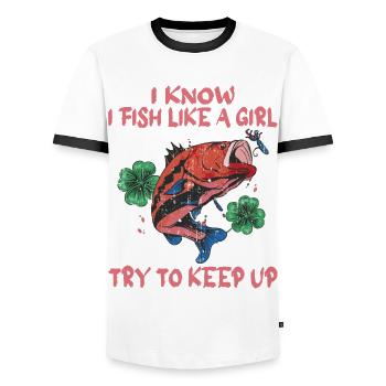 Pêche Pêche Pêcheur Pêche Canne à pêche - T-shirt contrasté Homme - blanc/noir - Devant - AI Model Female 172 light (172cm) & AI Model Male 178 dark (178cm)