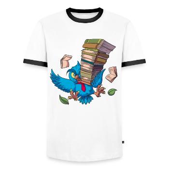 Cartoon Eule mit Bücherstapel - Büchereule - Männer Kontrast-T-Shirt - Weiß/Schwarz - Vorne - AI Model Female 172 light (172cm) & AI Model Male 178 dark (178cm)