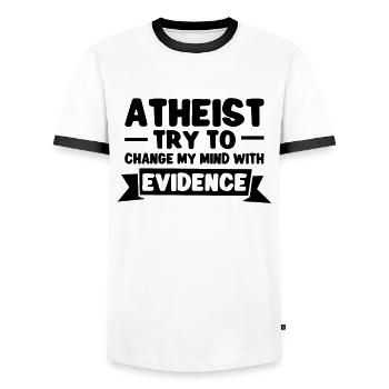 Atheist Atheism Anti-religion Securalism God - Men's Ringer Shirt - white/black - Front - AI Model Female 172 light (172cm) & AI Model Male 178 dark (178cm)