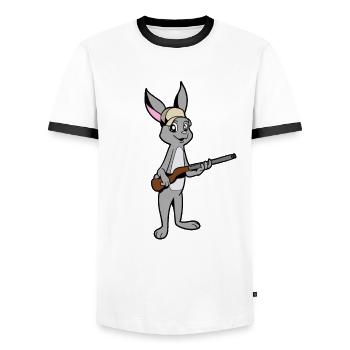 Rabbit with Rifle - Hunter - Men's Ringer Shirt - white/black - Front - AI Model Female 172 light (172cm) & AI Model Male 178 dark (178cm)