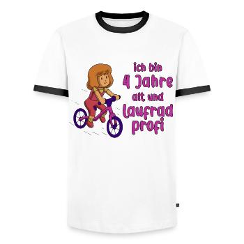 Mädchen 4 Jahre alt und Profi auf dem Laufrad - Männer Kontrast-T-Shirt - Weiß/Schwarz - Vorne - AI Model Female 172 light (172cm) & AI Model Male 178 dark (178cm)
