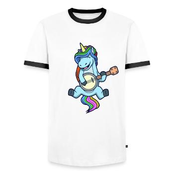 Comic Einhorn spielt Banjo - Männer Kontrast-T-Shirt - Weiß/Schwarz - Vorne - AI Model Female 172 light (172cm) & AI Model Male 178 dark (178cm)