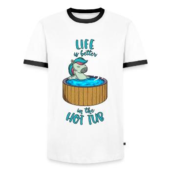 Unicorn in the pool - Life is better in the Hot Tub - Men's Ringer Shirt - white/black - Front - AI Model Female 172 light (172cm) & AI Model Male 178 dark (178cm)