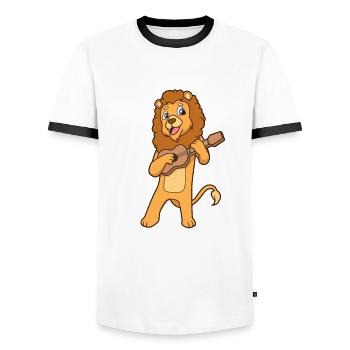 Comic Löwe spielt Ukulele - Männer Kontrast-T-Shirt - Weiß/Schwarz - Vorne - AI Model Female 172 light (172cm) & AI Model Male 178 dark (178cm)