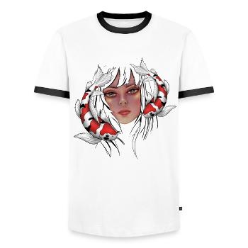 Girls with Koi Carp - Men's Ringer Shirt - white/black - Front - AI Model Female 172 light (172cm) & AI Model Male 178 dark (178cm)