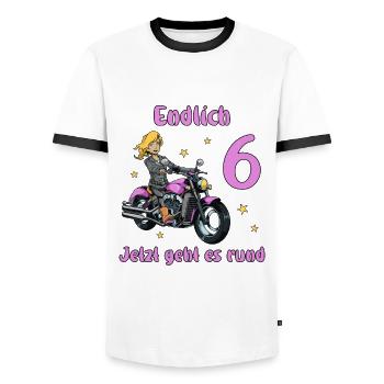 Geburtstagsshirt Motorrad - 6 Geburtstag Mädchen - Männer Kontrast-T-Shirt - Weiß/Schwarz - Vorne - AI Model Female 172 light (172cm) & AI Model Male 178 dark (178cm)