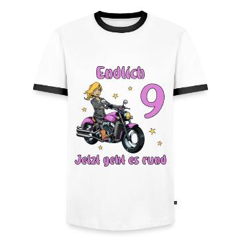 Geburtstagsshirt Motorrad - 9 Geburtstag Mädchen - Männer Kontrast-T-Shirt - Weiß/Schwarz - Vorne - AI Model Female 172 light (172cm) & AI Model Male 178 dark (178cm)