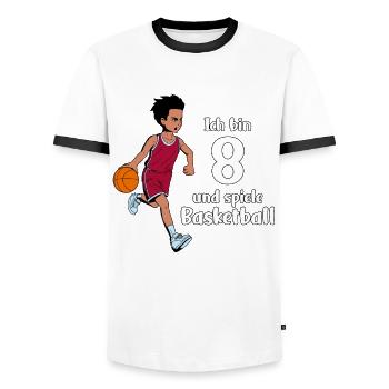 Junge spielt Basketball - Ich bin 8 Jahre - Männer Kontrast-T-Shirt - Weiß/Schwarz - Vorne - AI Model Female 172 light (172cm) & AI Model Male 178 dark (178cm)