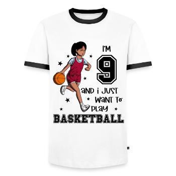 Une fille joue au basket-ball - J’ai 9 ans - T-shirt contrasté Homme - blanc/noir - Devant - AI Model Female 172 light (172cm) & AI Model Male 178 dark (178cm)