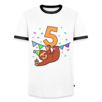 Mit Faultier - Kinder Geburtstag 5 Jahre - Männer Kontrast-T-Shirt - Weiß/Schwarz - Vorne - AI Model Female 172 light (172cm) & AI Model Male 178 dark (178cm)