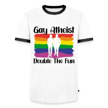Gay LGBTQ Atheist Atheism Anti Religion Securalism - Men's Ringer Shirt - white/black - Front - AI Model Female 172 light (172cm) & AI Model Male 178 dark (178cm)
