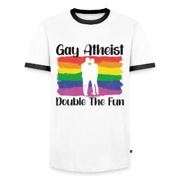 Gay LGBTQ Atheist Atheism Anti Religion Securalism - Men's Ringer Shirt - white/black - Front - AI Model Female 172 light (172cm) & AI Model Male 178 dark (178cm)