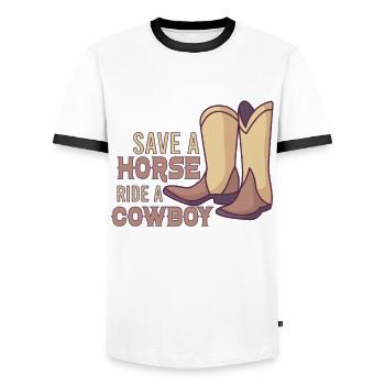 Cowboy Barn Bull Rider Rodeo Country Western - Men's Ringer Shirt - white/black - Front - AI Model Female 172 light (172cm) & AI Model Male 178 dark (178cm)