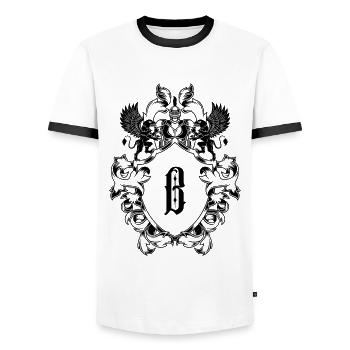 B Buchstabe Wappen - Männer Kontrast-T-Shirt - Weiß/Schwarz - Vorne - AI Model Female 172 light (172cm) & AI Model Male 178 dark (178cm)