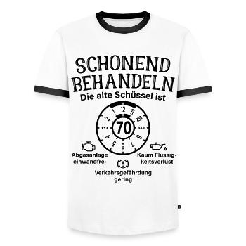 Schonend Behandeln 70. Geburtstag Alte Schüssel 70 - Männer Kontrast-T-Shirt - Weiß/Schwarz - Vorne - AI Model Female 172 light (172cm) & AI Model Male 178 dark (178cm)
