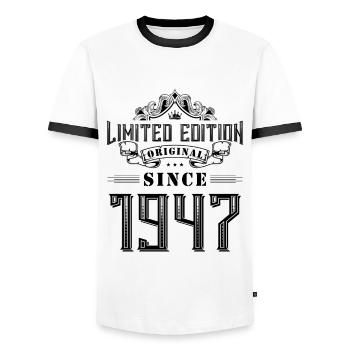 1947 limited edition - Men's Ringer Shirt - white/black - Front - AI Model Female 172 light (172cm) & AI Model Male 178 dark (178cm)