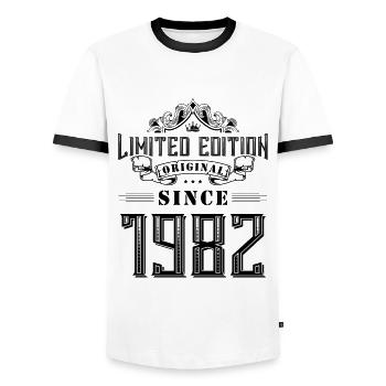 1982 Limited Edition - Men's Ringer Shirt - white/black - Front - AI Model Female 172 light (172cm) & AI Model Male 178 dark (178cm)