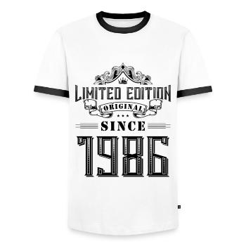 1986 limited edition - Men's Ringer Shirt - white/black - Front - AI Model Female 172 light (172cm) & AI Model Male 178 dark (178cm)
