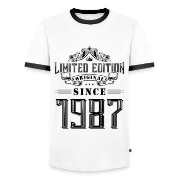 1987 limited edition - Männer Kontrast-T-Shirt - Weiß/Schwarz - Vorne - AI Model Female 172 light (172cm) & AI Model Male 178 dark (178cm)
