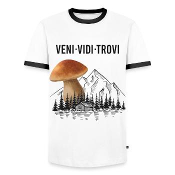 Outfit for mushroom pickers with mountains porcini mushroom mushroom - Men's Ringer Shirt - white/black - Front - AI Model Female 172 light (172cm) & AI Model Male 178 dark (178cm)