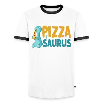 Pizzasaurus Dinosaur Pizza Italian Cake - Men's Ringer Shirt - white/black - Front - AI Model Female 172 light (172cm) & AI Model Male 178 dark (178cm)