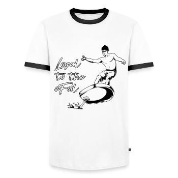 eFoil Surfing - Loyal to the eFoil - Men's Ringer Shirt - white/black - Front - AI Model Female 172 light (172cm) & AI Model Male 178 dark (178cm)