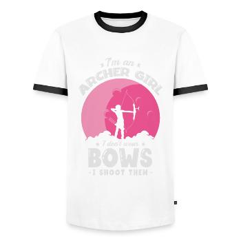I'm an archer girl. I don't wear - Men's Ringer Shirt - white/black - Front - AI Model Female 172 light (172cm) & AI Model Male 178 dark (178cm)