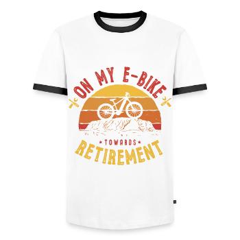On my e-bike to the electric bike for the - Men's Ringer Shirt - white/black - Front - AI Model Female 172 light (172cm) & AI Model Male 178 dark (178cm)