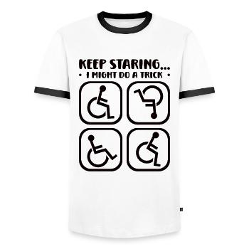 Handicapped Wheelchair Cyborg Leg Arm Amputee - Men's Ringer Shirt - white/black - Front - AI Model Female 172 light (172cm) & AI Model Male 178 dark (178cm)