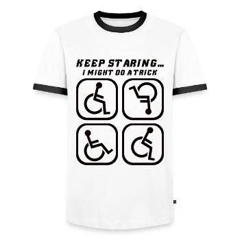 Handicapped Wheelchair Cyborg Leg Arm Amputee - Men's Ringer Shirt - white/black - Front - AI Model Female 172 light (172cm) & AI Model Male 178 dark (178cm)