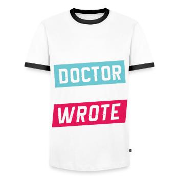 A wise doctor once wrote doctor - Men's Ringer Shirt - white/black - Front - AI Model Female 172 light (172cm) & AI Model Male 178 dark (178cm)