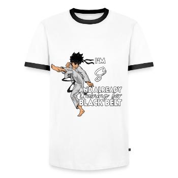 I'm 8 - Boy Karate - Men's Ringer Shirt - white/black - Front - AI Model Female 172 light (172cm) & AI Model Male 178 dark (178cm)