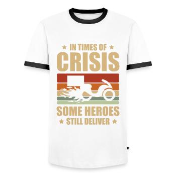 In times of crisis, some heroes still deliver - Men's Ringer Shirt - white/black - Front - AI Model Female 172 light (172cm) & AI Model Male 178 dark (178cm)