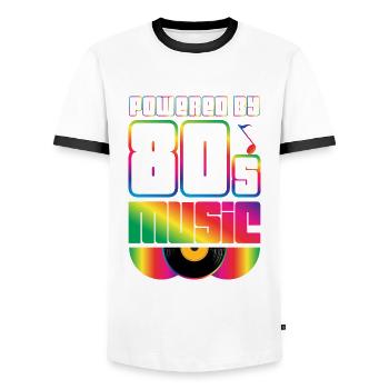 Powered By 80s Music Eighties 1980 80s Party - Men's Ringer Shirt - white/black - Front - AI Model Female 172 light (172cm) & AI Model Male 178 dark (178cm)