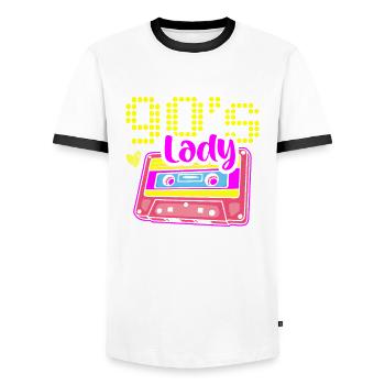 90s Lady Nineties Decade 1990 Vintage 90s Party - Men's Ringer Shirt - white/black - Front - AI Model Female 172 light (172cm) & AI Model Male 178 dark (178cm)