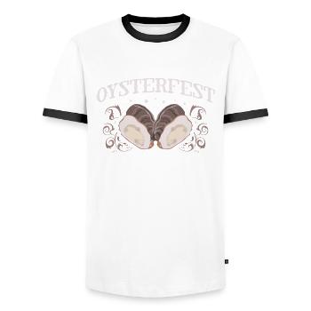 Oyster Whisperer Shucking Buddy - Men's Ringer Shirt - white/black - Front - AI Model Female 172 light (172cm) & AI Model Male 178 dark (178cm)