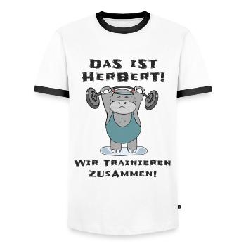 Das ist Herbert wir trainieren zusammen Krafsport - Männer Kontrast-T-Shirt - Weiß/Schwarz - Vorne - AI Model Female 172 light (172cm) & AI Model Male 178 dark (178cm)
