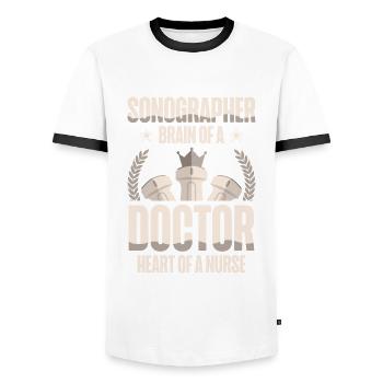 Sonographic brain of a doctor heart of a - Men's Ringer Shirt - white/black - Front - AI Model Female 172 light (172cm) & AI Model Male 178 dark (178cm)