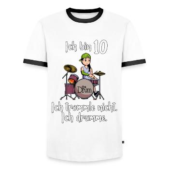 Ich bin 10 - Mädchen Schlagzeuger - Männer Kontrast-T-Shirt - Weiß/Schwarz - Vorne - AI Model Female 172 light (172cm) & AI Model Male 178 dark (178cm)