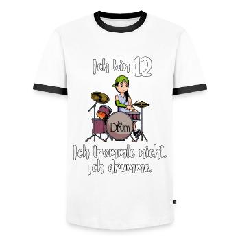 Ich bin 12 - Mädchen Schlagzeuger - Männer Kontrast-T-Shirt - Weiß/Schwarz - Vorne - AI Model Female 172 light (172cm) & AI Model Male 178 dark (178cm)