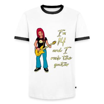 I'm 14 - Girl Guitarist - Men's Ringer Shirt - white/black - Front - AI Model Female 172 light (172cm) & AI Model Male 178 dark (178cm)