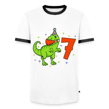 Mit TREX - Jungs Geburtstag 7 Jahre - Männer Kontrast-T-Shirt - Weiß/Schwarz - Vorne - AI Model Female 172 light (172cm) & AI Model Male 178 dark (178cm)