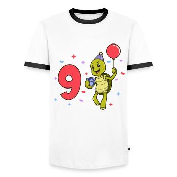 With turtle - children's birthday 9 years - Men's Ringer Shirt - white/black - Front - AI Model Female 172 light (172cm) & AI Model Male 178 dark (178cm)