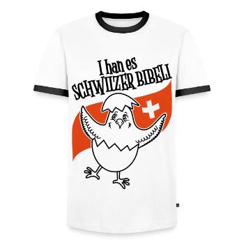 Küken mit Schweizer Flagge für Hühnerzüchter! - Männer Kontrast-T-Shirt - Weiß/Schwarz - Vorne - AI Model Female 172 light (172cm) & AI Model Male 178 dark (178cm)