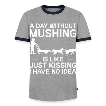 Alaska Mushing Dog Mushers Huskies - Men's Ringer Shirt - grey/navy  - Front - AI Model Female 172 light (172cm) & AI Model Male 178 light (178cm)