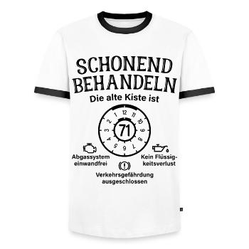 71. Geburtstag Schonend Behandeln Alte Kiste 71 - Männer Kontrast-T-Shirt - Weiß/Schwarz - Vorne - AI Model Female 172 light (172cm) & AI Model Male 178 dark (178cm)